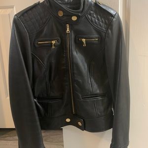 Moda international black leather jacket with gold hardware